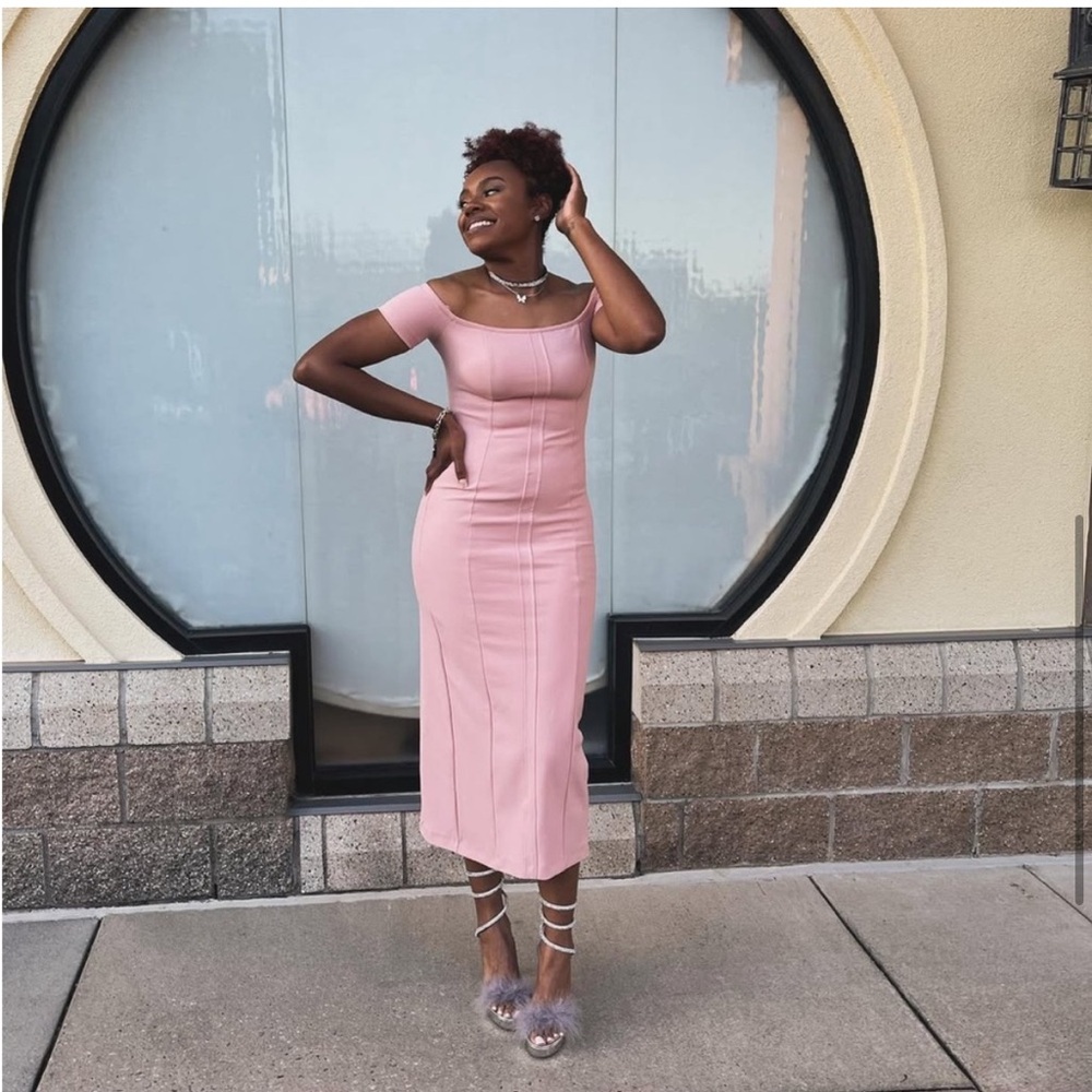 ๐(NWT) ZARA Bloggers Fav Blush Pink Off-The-Shoulder Sheath Midi/Maxi Dress. LG - Picture 5 of 15